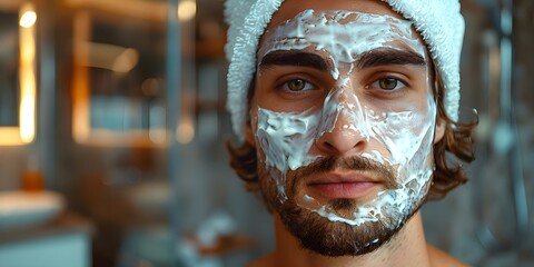A man rejuvenates his skin by moisturizing in a welllit bathroom. Concept Skincare, Wellness, Self-Care, Grooming, Bathing