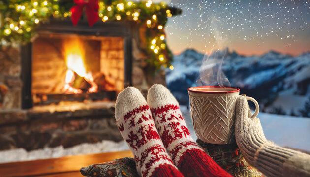 Feet In Woollen Socks By The Christmas Fireplace. Woman Relaxes By Warm Fire With A Cup Of Hot Drink And Warming Up Her Feet In Woollen Socks. Close Up On Feet. Winter And Christmas Holidays Concept.