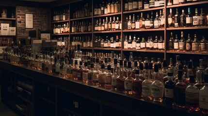 Vintage Whiskey Bottles Lined Up in Dim Bar