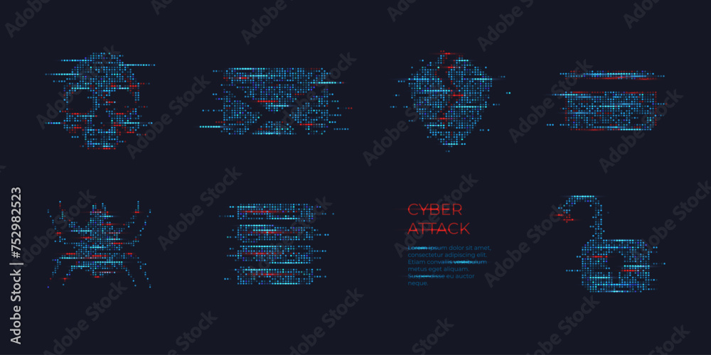 Poster fraud icons. abstract digital hacker icon set in futuristic glowing dots style. skull, bag, unlock, 