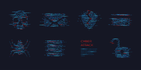 Fraud icons. Abstract digital hacker icon set in futuristic glowing dots style. Skull, bag, unlock, data server, broken shield, and bank card with red glitch dangerous particles. Vector illustration.