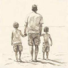 Heartwarming Pencil Drawing of Father and Sons in Shorts