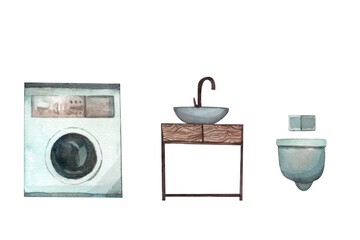 Bathroom,bathroom furniture, sink, faucet, mirror, toilet bowl, toilet bowl.Watercolor illustration highlighted on a white background