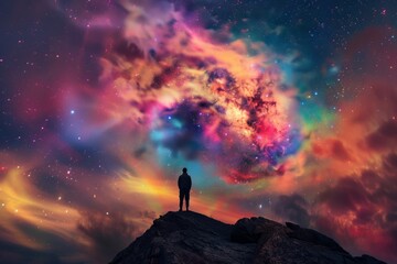 A person standing on a mountain top with a vibrant, cosmic swirl of colors in the sky.