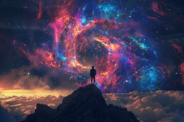 Fototapeta premium A person standing on a mountain top with a vibrant, cosmic swirl of colors in the sky.