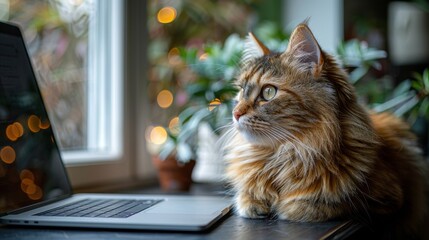 Cute calico cat with notebook, laptop computer. Funny, furry, cute, playful. Notebook, laptop, computer.