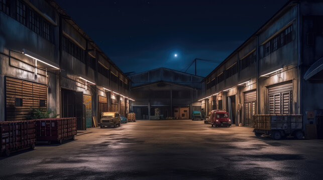 Industrial Warehouse District under Moonlight