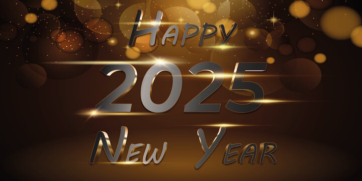 card or banner to wish a happy new year 2025 in gold and gray on a black and brown gradient background with circles in bokeh effect