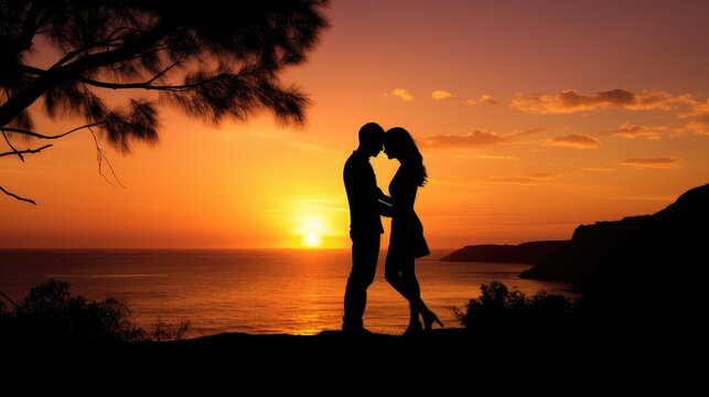 Silhouette of Couple Kissing at Sunset