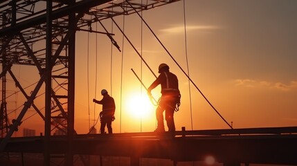 Silhouette of Construction Workers at Sunset - obrazy, fototapety, plakaty