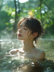Fototapeta premium girl basks in the soothing waters of a natural outdoor hot spring. healing spa photo