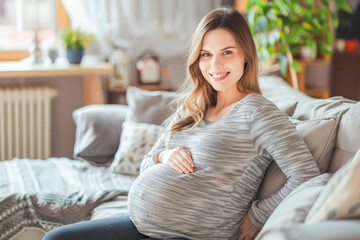 Obraz premium Calm young pregnant woman sitting on sofa and embracing her belly. Portrait of pregnant woman resting at her cozy home. Concept of motherhood and expecting baby. 