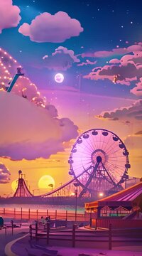 Vector background of amusement park. Poster design invitation of the carnival funfair and amusement with sunset. Ferris wheel, roller coaster and carousel festive parks attractions. 4K Video
