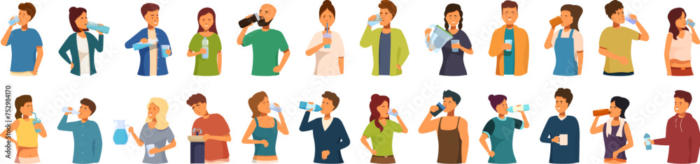 Wall mural Thirsty people drinking icons set cartoon vector. Bottle glass filter. Person mom drink