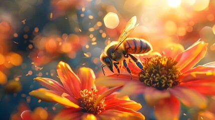 Honey Bee Among Vibrant Flowers at Sunrise, To showcase the beauty and importance of honey bees in nature, and the vibrant colors of a sunrise