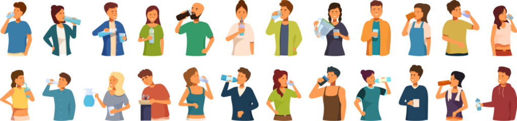 Thirsty people drinking icons set cartoon vector. Bottle glass filter. Person mom drink - obrazy, fototapety, plakaty