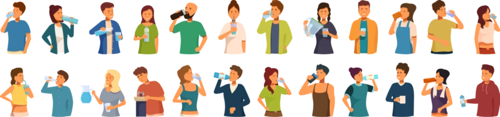 Foto op Plexiglas Thirsty people drinking icons set cartoon vector. Bottle glass filter. Person mom drink © nsit0108