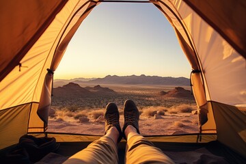 Serene Desert Sunrise View from Inside a Tent