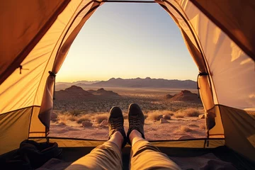 Badezimmer Foto Rückwand Serene Desert Sunrise View from Inside a Tent © evening_tao