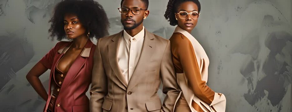 stylish african american friends standing in elegant attire on grey background, Juneteenth banner 4K Video