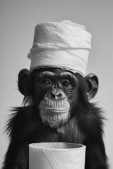 Toilet paper roll balancing on monkey head. An ironic and humorous image of a monkey, its face censored, with a roll of toilet paper perfectly balanced on its head