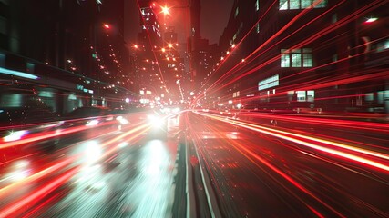 Fototapeta na wymiar Vibrant city night scene with car trails, abstract lights, long exposure, realistic urban landscape
