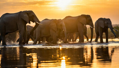 A breathtaking scene of an elephant herd crossing water at sunset, reflected perfectly in the calm waters below