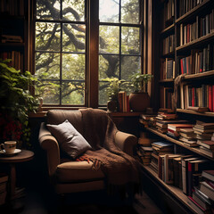A cozy reading nook with a stack of books.  - obrazy, fototapety, plakaty