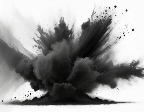 a black splash painting on white background, black powder dust paint black explosion explode burst isolated splatter abstract. black smoke or fog particles explosive special effect