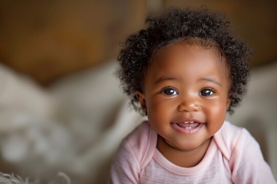 Close up Smiling black baby girl in pink bodysuit on cotton bed at home