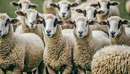 Obraz premium a flock of sheep, some of them with dark spots