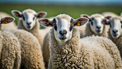 Obraz premium a flock of sheep, some of them with dark spots
