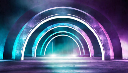 Abstraction, futuristic background, arch of concrete and neon. Night view of the tunnel, portal.