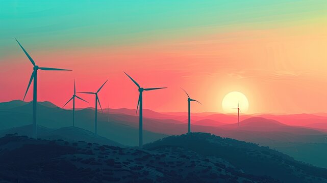 Wind turbines at energy station against futuristic sunset backdrop. Minimalist landscape promoting green energy concept.