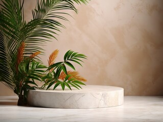 Fototapeta premium An empty marble stand podium for product presentation 