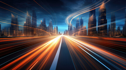 Fototapeta na wymiar Futuristic Cityscape with Speeding Traffic at Twilight