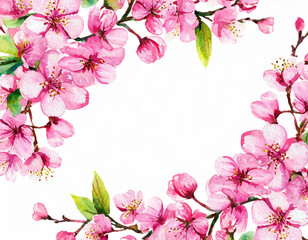 Obraz premium Cherry blossom frame. Spring blooming pink japanese sakura flowers. Watercolor hand painted illustration. Festive decorations for wedding, holiday, postcard, poster and design