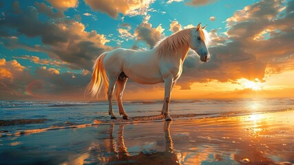 Obraz na płótnie Canvas Captivating scene: Majestic pure white horse on beach, framed by a vibrant blue and orange sunset sky, creating a tranquil and breathtaking moment.
