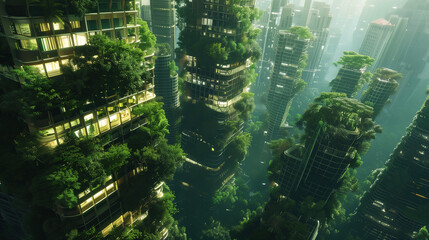 A futuristic cityscape seamlessly integrates with nature, where towering skyscrapers are adorned with lush vertical gardens and verdant rooftops