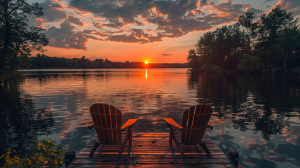 Naklejka premium two benches overlooking the lake with sunset views