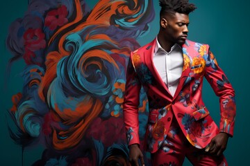 A captivating male model showcases his vibrant fashion against a solid backdrop, each movement a testament to his innate sense of style and sophistication. - obrazy, fototapety, plakaty