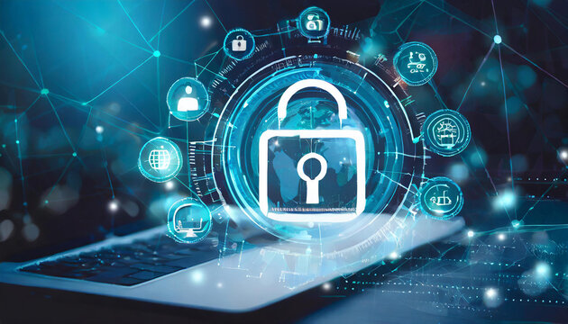 Cybersecurity and privacy concepts to protect data. Lock icon and internet network security, protecting personal data, virtual screen interfaces, future technology and cybernetics, screen padlock