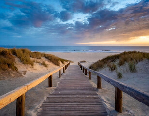 sea sandy wooden path access in sand beach in ocean coast horizon in blue hour