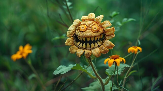 Scary flower with a creepy smile with sharp teeth. Carnivorous predatory plant. Horror haunted strange flytrap in the garden.