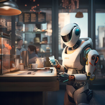 A futuristic robot serving coffee in a cafe. 
