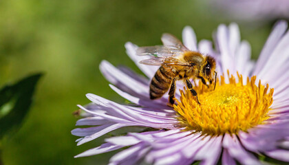 Honey bees covered with yellow pollen collecting nectar from aster flower. Close-up banner, spring and summer background. Beekeeping