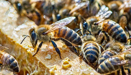 Honey bees working with honeycomb on the beehive. Close-up banner, spring and summer background. Beekeeping, wildlife and ecology concept