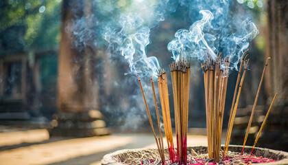 Incense sticks burning with smoke in ancient temple in Cambodia..