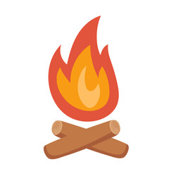 Cartoon bonefire. Sticks or firewood burn in red fire. Burning wood. Vector hand drawn illustration isolated on white background. Camping colors icon for campsite cooking or BBQ. Camp fire