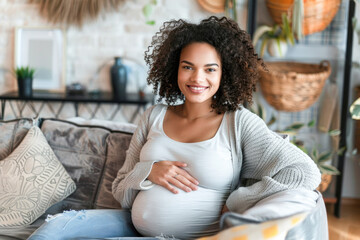 Calm young pregnant woman sitting on sofa and embracing her belly. Portrait of pregnant woman resting at her cozy home. Concept of motherhood and expecting baby.